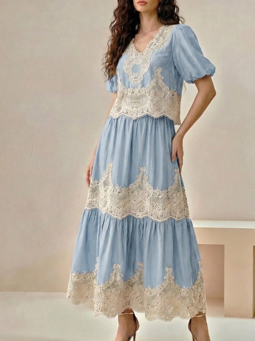 Blue Elegant Women's V-Neck Puff Sleeve Lace Patchwork Flared Skirt Set - Picture 7 of 7